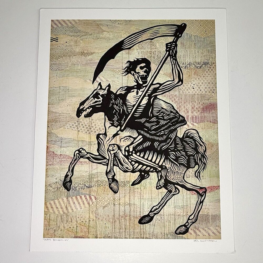 "Death Becomes Us" Print 16x20" By Joel Gaucheau Skeleton Sickle Horse Skeleton